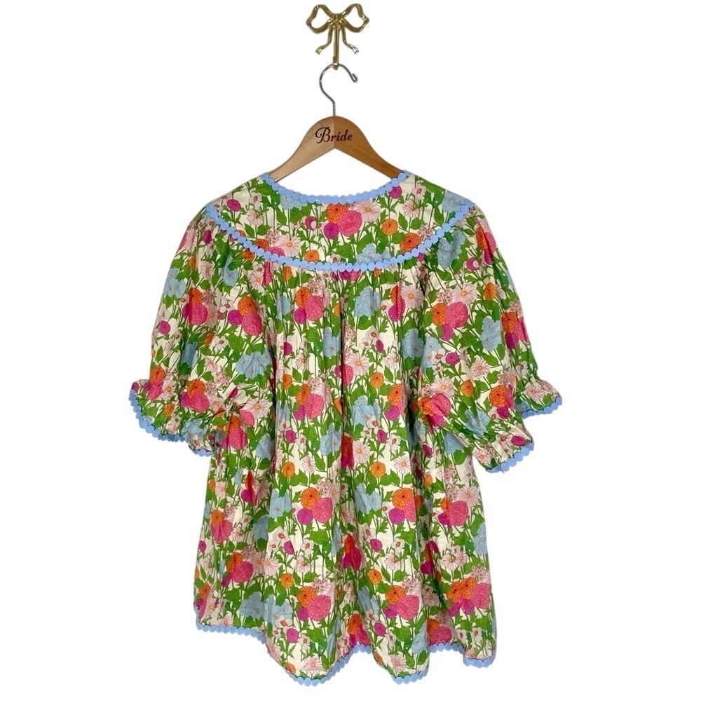 Entro Floral Pom Pom Trim Babydoll Blouse Top Womens 2X Multi Color Boho Split V - Picture 3 of 4